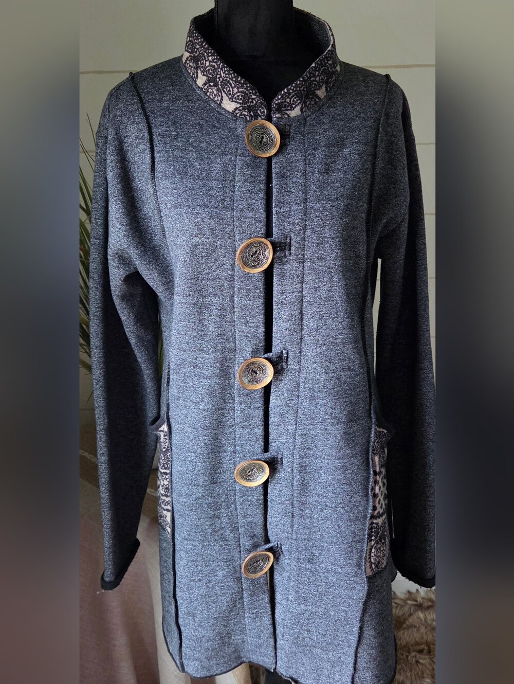 Gray Mixed Media Cardigan XL Boho Sweater Jacket Lagenlook Artisan Hand Jive